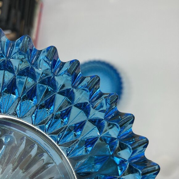 Indiana Glass Diamond Point Aqua Glass Powder Candy Dish With Lid Metal Handle - Picture 11 of 14